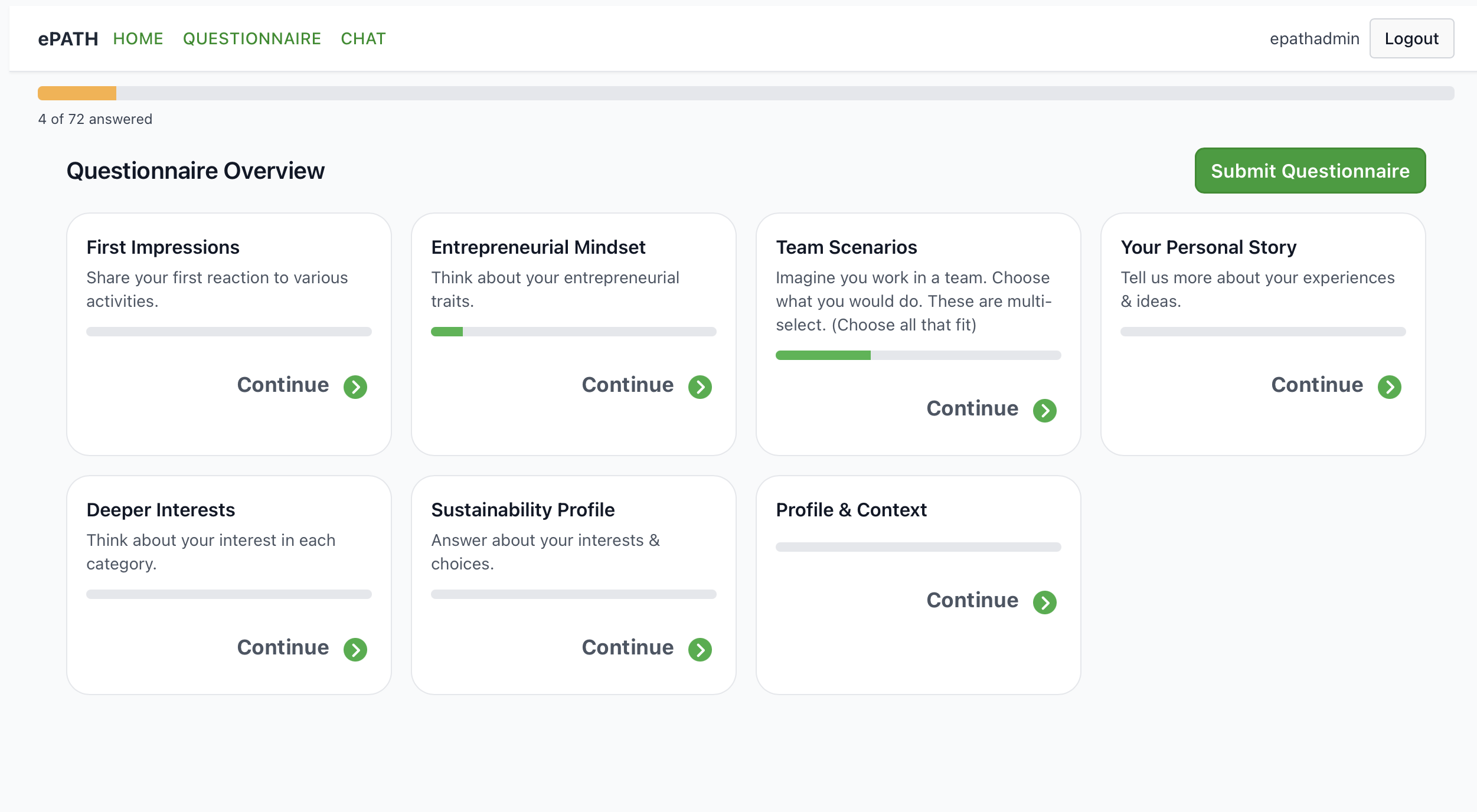 Multi-section questionnaire for comprehensive profiling